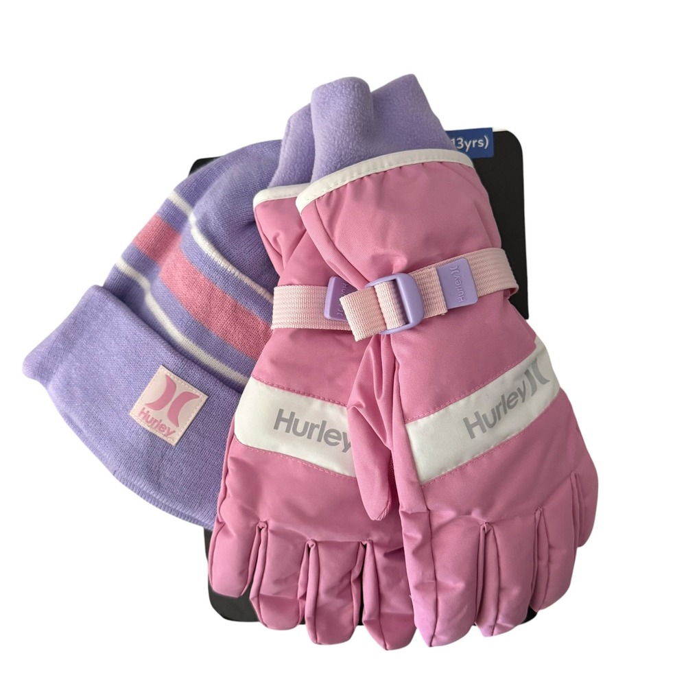 Hurley Youth Beanie & Ski Gloves 2-pc Winter Set Pink L 10-12 NWT
